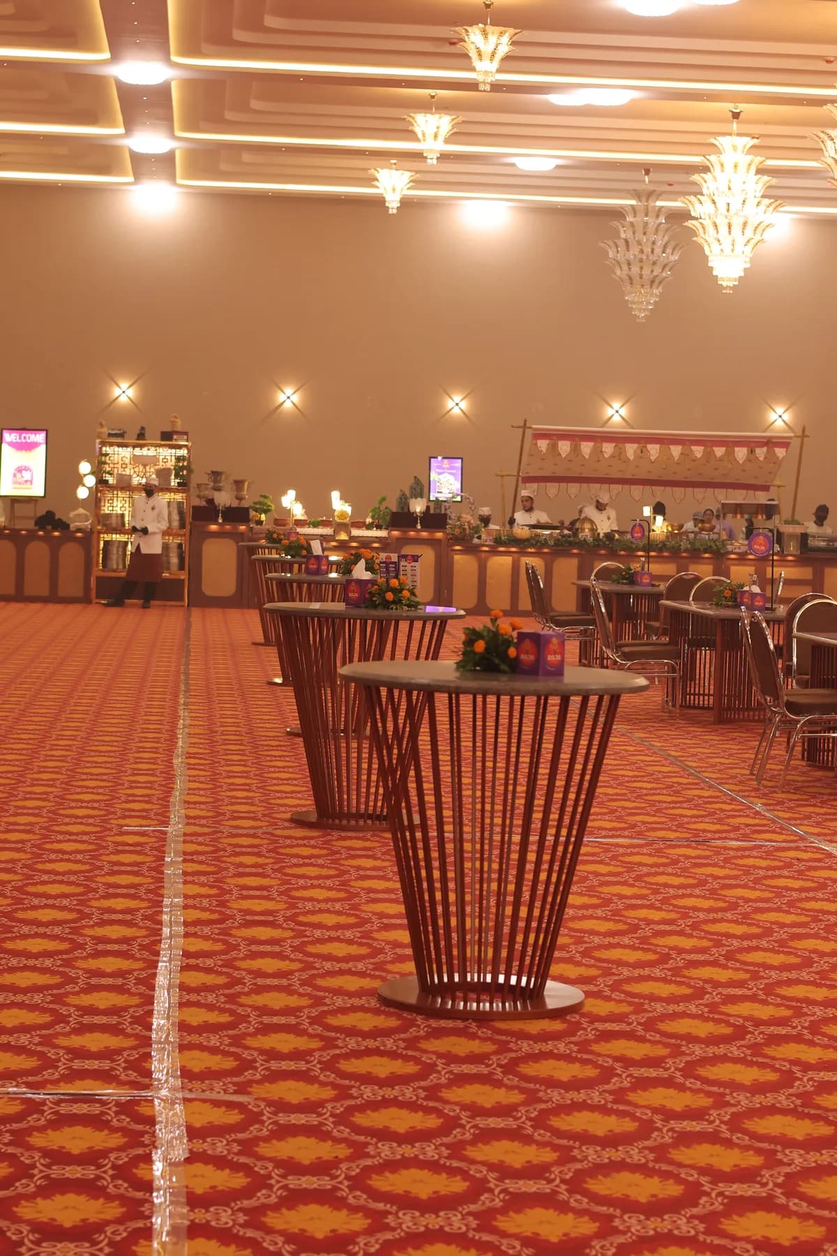 Aisle and stage decor inside the banquet hall