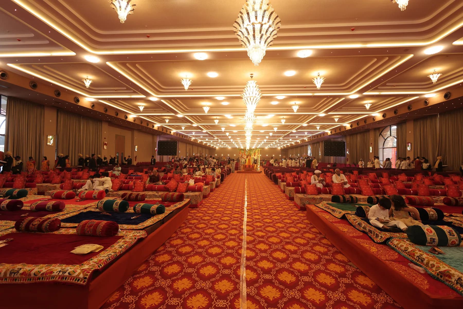 The banquet hall interior, looking down the full aisle